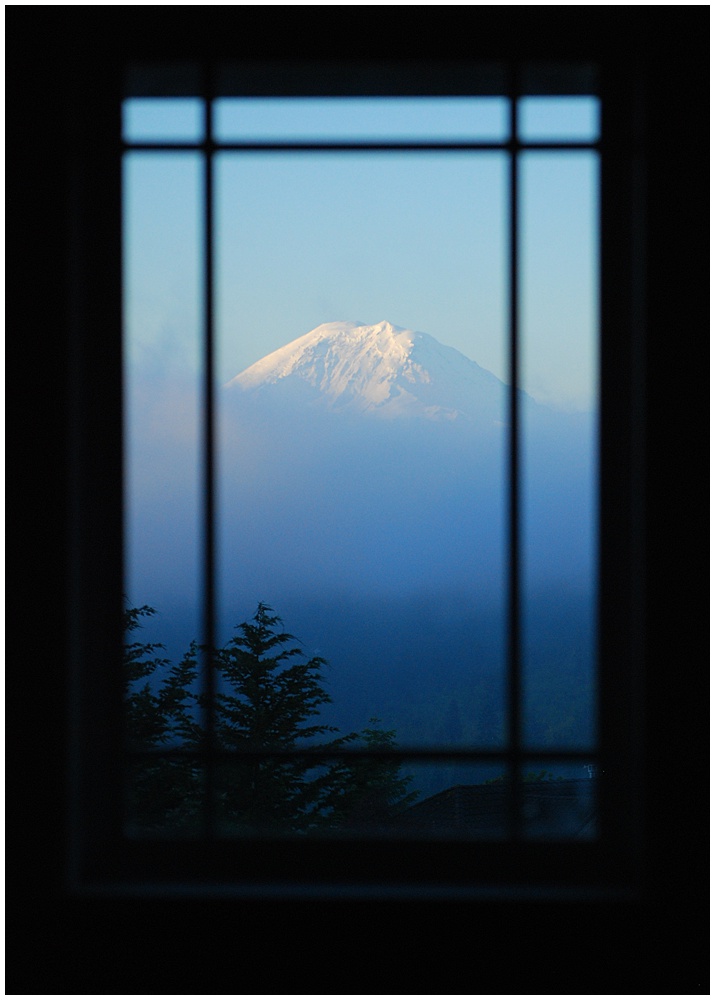 Mt Rainier framed by a window