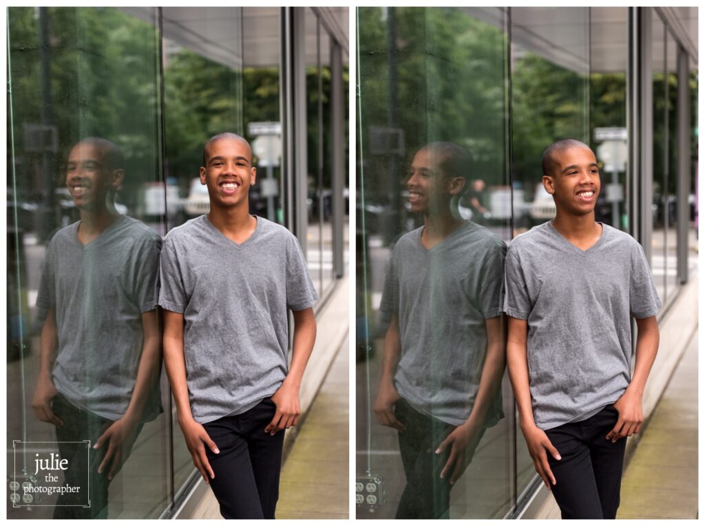 Teen boy portrait reflected in shop window