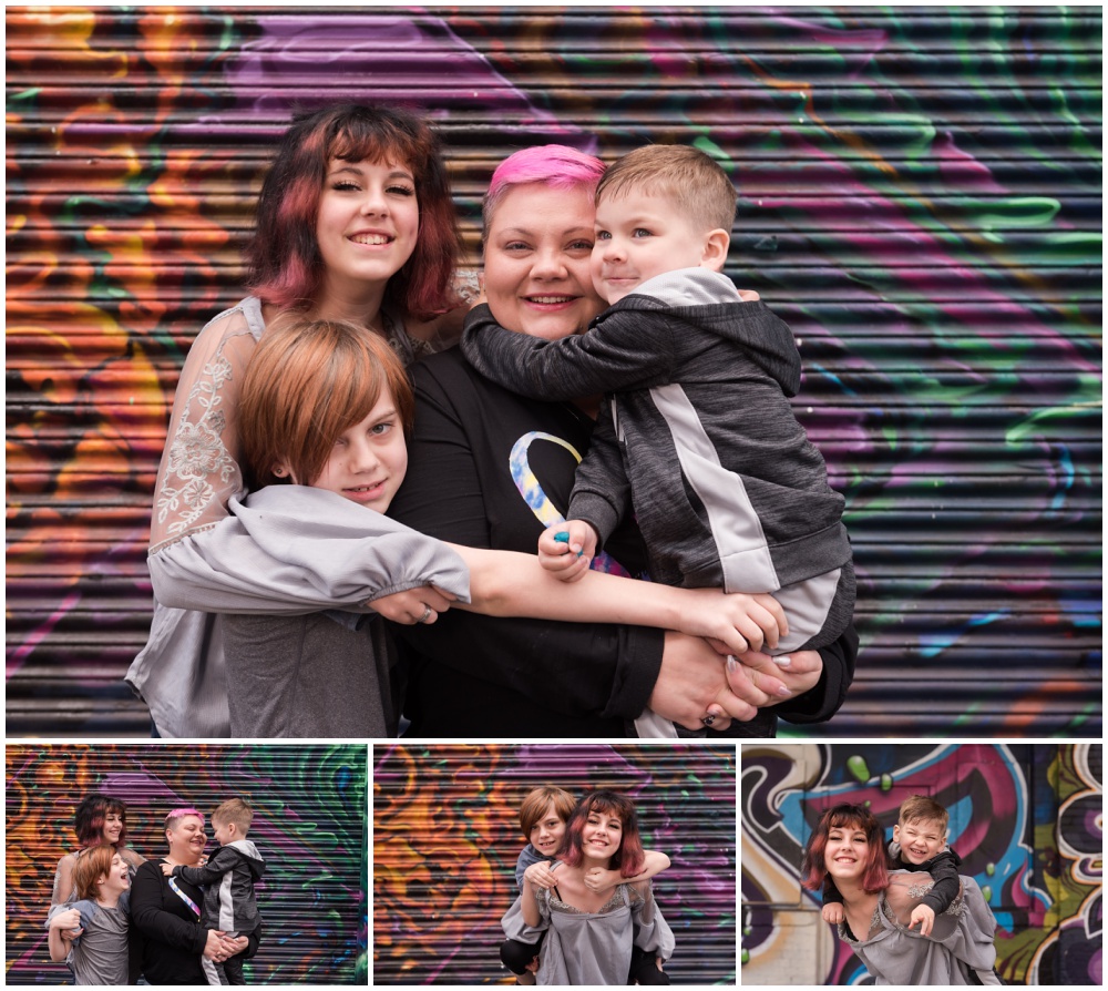 collage of smiling family portrait with graffiti behind them