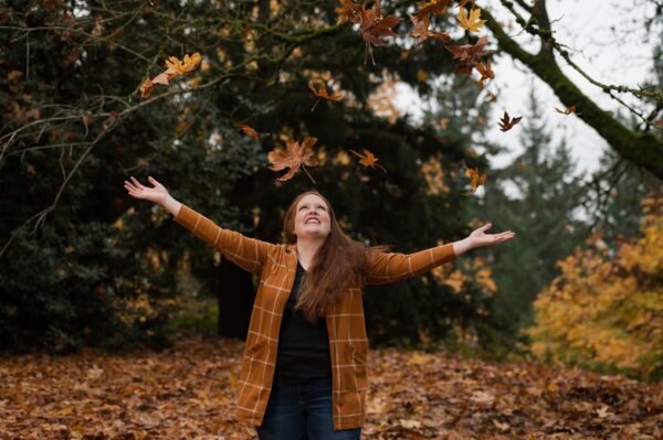 Portland Doctorate College Graduate School Senior Portrait Photography Tossing leaves in the air