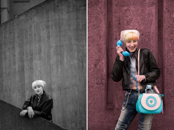 minimal black and white portrait and colorized portrait with phone purse handbag portland senior photography